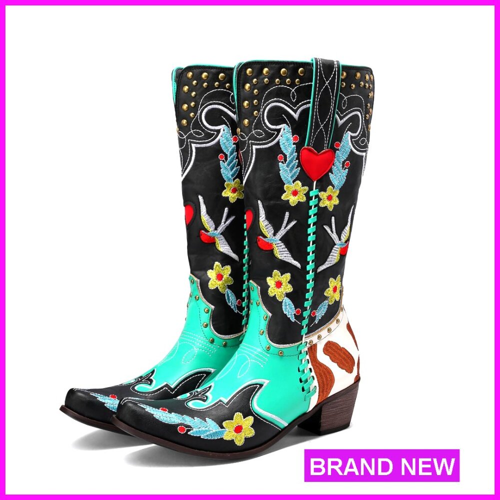 Western Cowgirl Boots Knee High Chunky Heel Embroidered Floral Patchwork Pull On